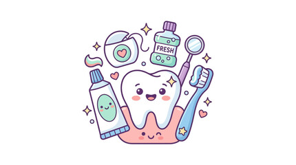Naklejka premium Smiling kawaii tooth with toothpaste and mouthwash icons.