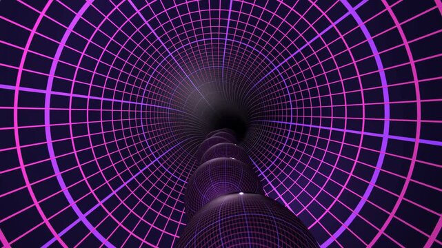 Abstract purple grid tunnel with sphere texture