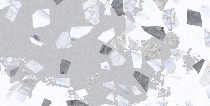 Brecciated Statuario Marble Fragments with Charcoal Veins Macro Surface for Architectural CGI and 4K PBR Material.