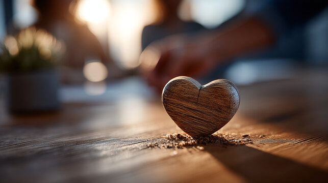 Handcrafted wooden heart sculpture resting on a textured table with soft bokeh background