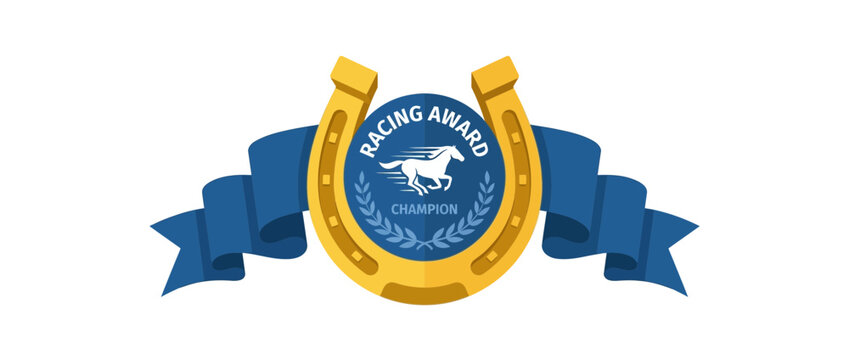 Horse racing champion award emblem with golden horseshoe and blue ribbon