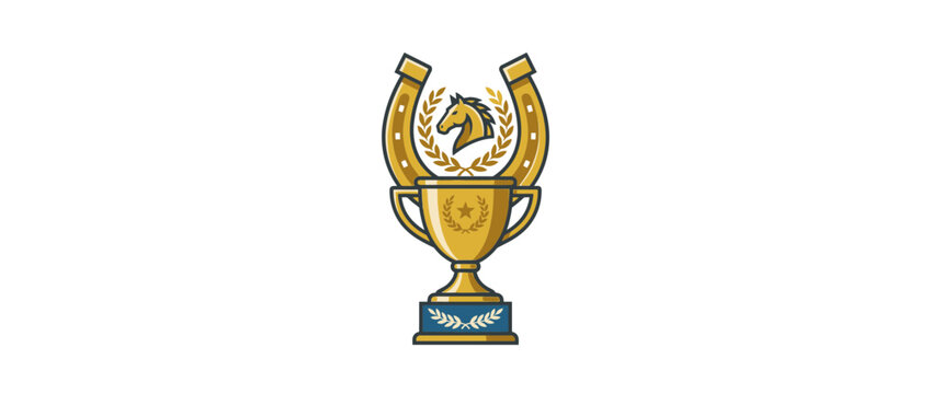 Golden equestrian victory trophy with horseshoe and horse symbol
