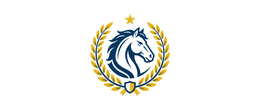 Elegant horse head emblem with golden laurel wreath and star