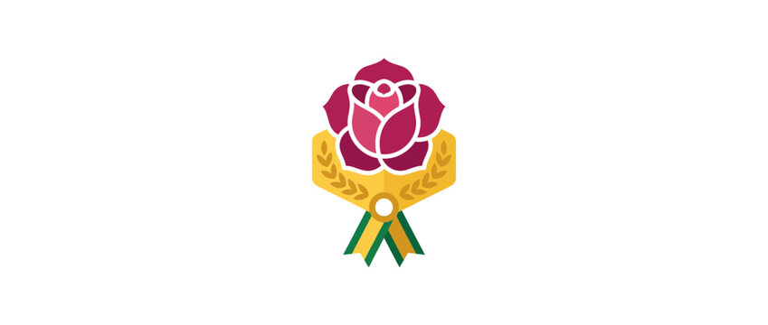 Stylized rose flower emblem with golden laurel and green ribbons