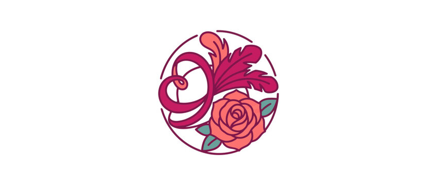 Elegant Floral Circle Logo with Rose and Decorative Leaves