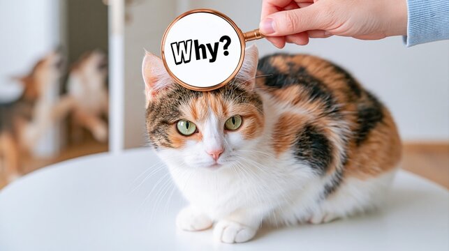Calico cat asks why with magnifying glass