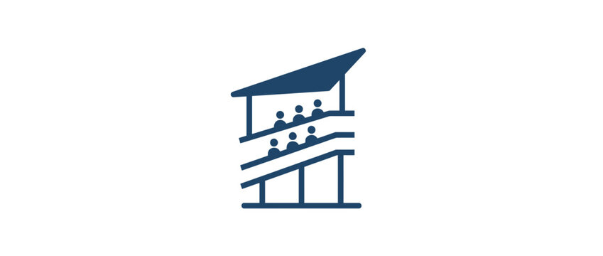 Minimalist blue stadium grandstand icon with spectators and roof