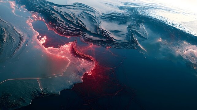 Satellite view of the Strait of Hormuz with a red warning symbol and digital lines. Concept of geopolitical tension, oil supply risks, maritime security, and global trade instability in the Gulf.