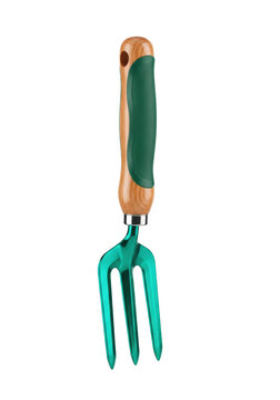 Highly detailed hand cultivator with vibrant teal-green tines and ergonomic wood handle with matte forest-green rubber grip, isolated high-key on white background. Concept for e-commerce display