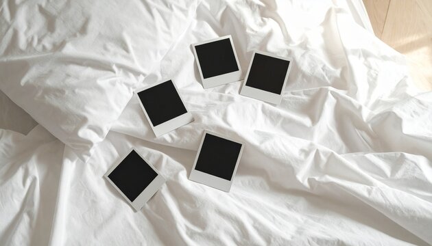 A collection of five vintage instant photograph frames arranged aesthetically on a soft and rumpled white bedding surface with natural morning sunlight