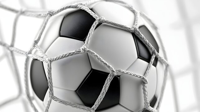 Soccer ball in net isolated , black and white football in goal on white background background, sports equipment for game