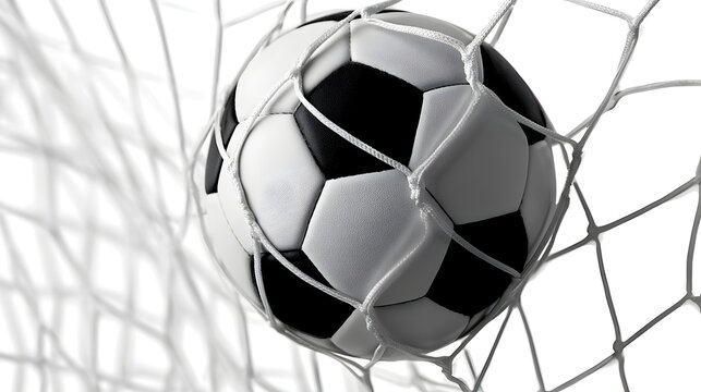 Soccer ball in net isolated , black and white football in goal on white background background, sports equipment for game
