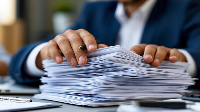 Faceless procurement manager organizing workflow documentation including contracts and purchase orders, B2B compliance concept, with copy space