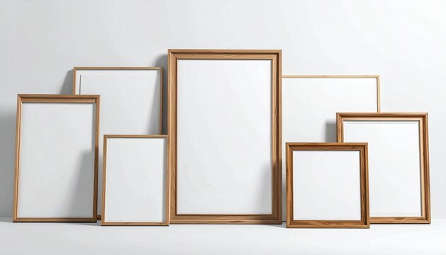 Multiple elegant wooden picture frames with blank white canvases arranged in a creative overlapping display for minimalist home decor wall gallery mockup