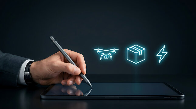 Hand using stylus on tablet. Digital interface showing drone delivery and logistics icons.
