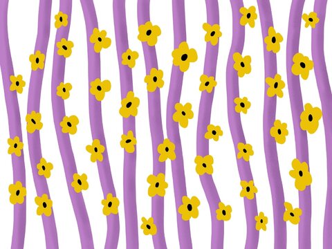 Danish pastel abstract background with yellow daisy flowers and wavy lilac purple stripes