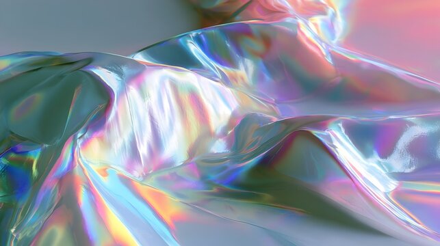 Vibrant holographic glow on a distorted white background surface. This artistic composition captures the beauty of light refraction, offering a modern, ethereal, and dreamy aesthetic
