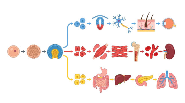 Human Embryonic Development Diagram. Colorful flowchart showing cell differentiation from zygote to specialized organs. Ideal for biology education and medical textbooks.