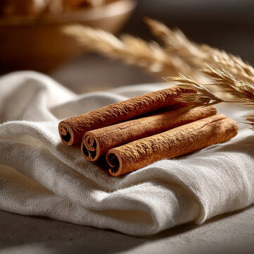 Aromatic cinnamon sticks resting on soft linen fabric with decorative dry wheat stems