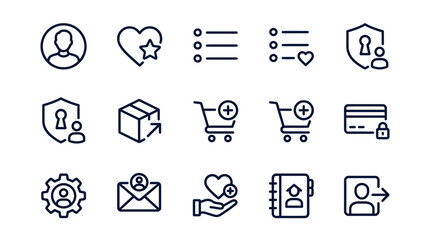 Fototapeta premium Symbols depicting customer relationship management concepts and electronic commerce features are arranged in a structured linear grid pattern to illustrate various online shopping and marketing.