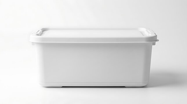 Empty white plastic storage box with lid for home organization
