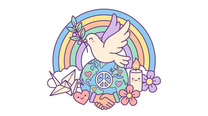 Obraz premium Vibrant world peace illustration with dove earth and rainbow.