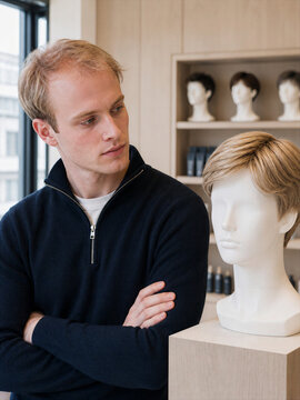 Man examining a wig on a mannequin in a hair salon