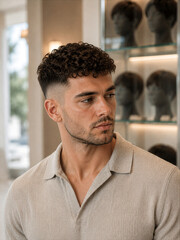 Fototapeta premium Man with curly hair wearing a light sweater in a salon setting