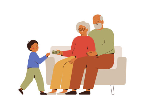 Grandparents give pocket money to grandson. Elderly couple sharing banknotes, cash allowance with child boy, Flat vector illustration isolated on white background