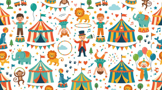Seamless Circus Pattern with Happy Kids, Animals and Tents