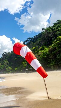 A red and white windsock stands on a sandy beach