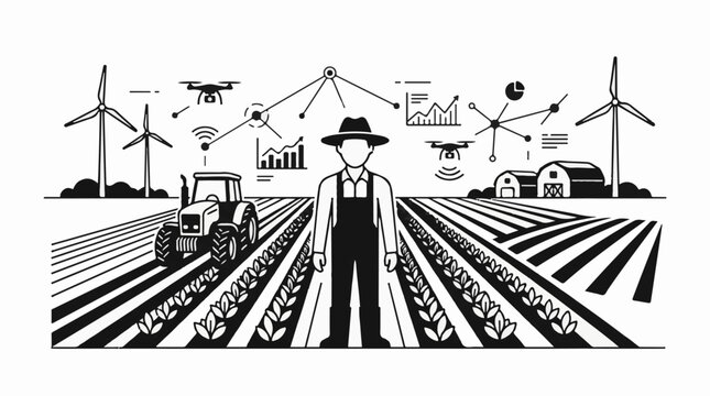 Modern farmer overseeing high-tech agricultural field