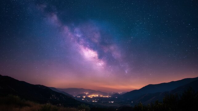 Night sky with bright Milky Way galaxy over mountain valley town. Cosmic landscape with star field and planet observation. Astronomy and natural science travel background scenery.