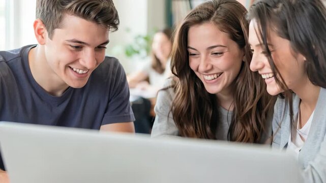 A group of smiling young professionals engaged in a collaborative discussion at work.