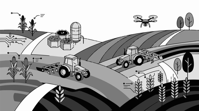 Modern farm with tractors drone crops and futuristic elements