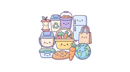 Naklejka premium Zero waste kitchen essentials with cute earth character.