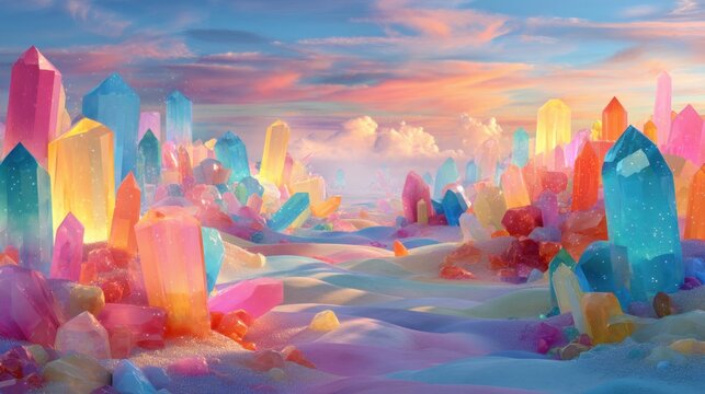 Fantasy landscape filled with colorful giant crystals rising from pastel sand dunes. Surreal alien world and imaginary environment under sunset sky. Magical geological formation concept.