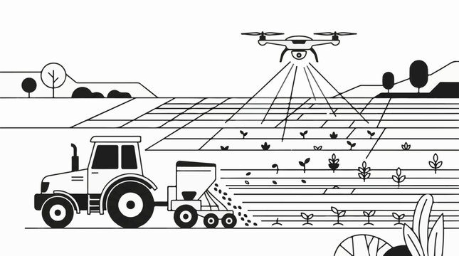 Modern farm with tractor planter and drone surveying crops