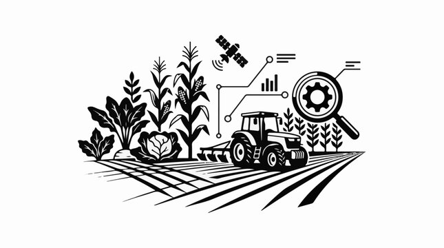 Modern farm with tractor satellite data and crops