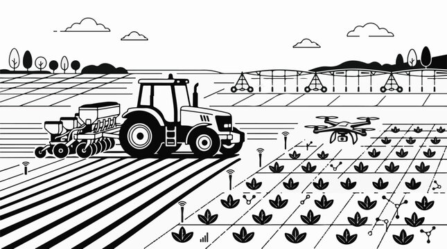 Modern farm with tractor planter drone and irrigation system