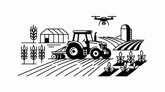 Modern farm with tractor greenhouse silo drone and crops
