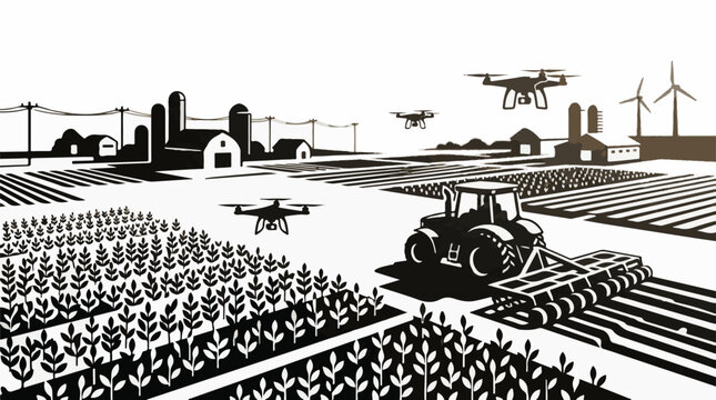 Modern farm technology includes drones tractor and wind turbines