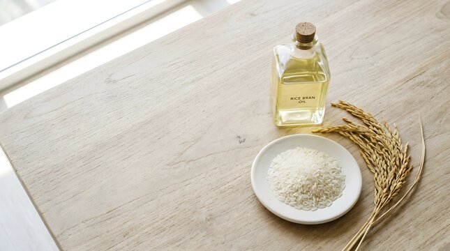 Rice oil in a glass bottle sits next to white grains on a wooden surface.