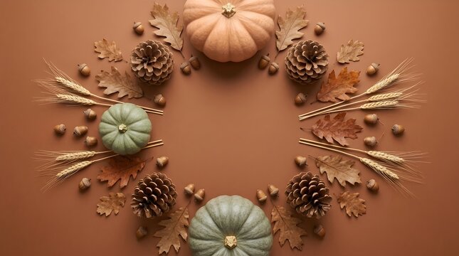 Pumpkins and seasonal decorations create a circular frame on a brown background.