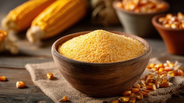 Bowl of cornmeal on rustic wooden table with corn cob. Ground maize flour as healthy organic ingredient for cooking. Traditional agriculture harvest and agricultural food product concept.