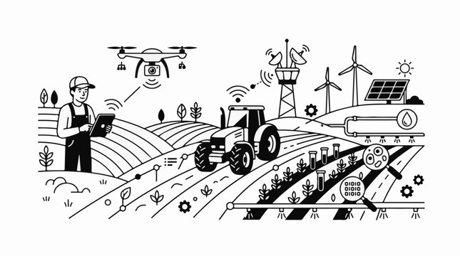Modern farm technology integrates drones tractors and data for efficient agriculture