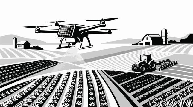 Modern farm technology with drone and tractor cultivating crops