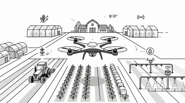 Modern farm technology with drone tractor and automated irrigation systems