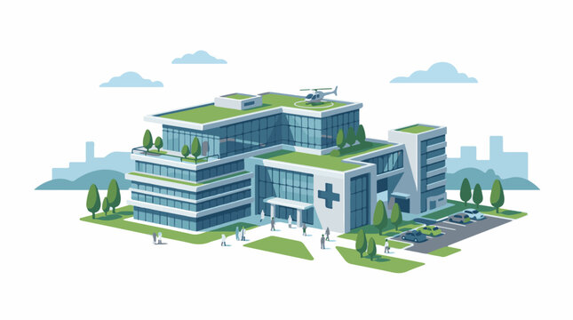 Modern medical facility with green roofs helipad and parkin