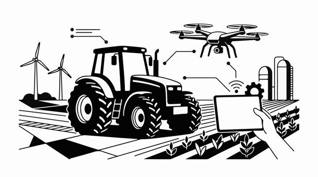 Modern farm technology with drone tractor tablet and wind turbines